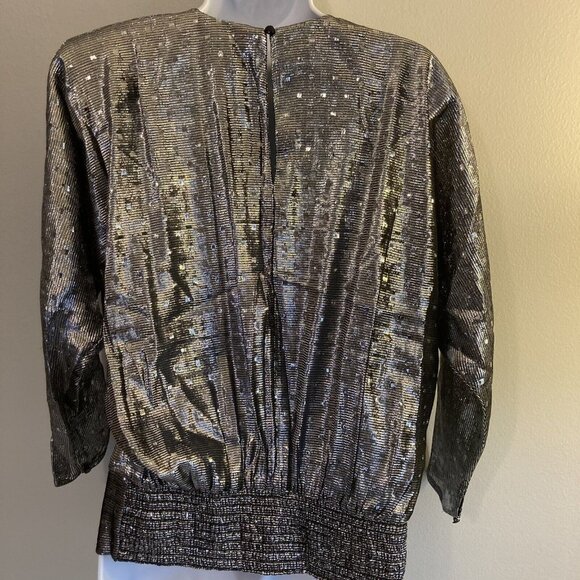 Vintage 1970s Disco Top Blouse Metallic Silver Medium Polka Dot NOS Deadstock - Picture 3 of 9